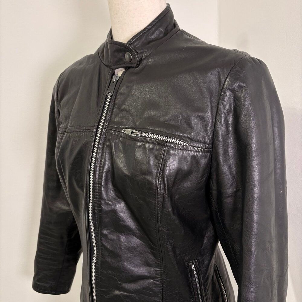 Vintage 70s Black Leather Motorcycle Jacket Sz 15 - Picture 2 of 12